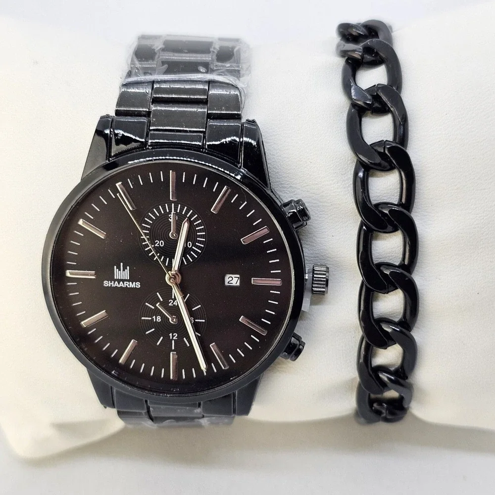 Men's 2 PC Watch Bracelet Set 42MM Black Dial Date Indicator Black‎ Bracelet